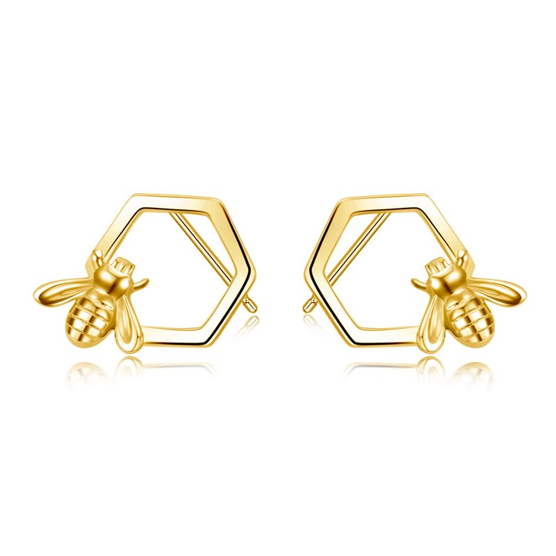 LUHE Honeycomb with Bee Stud Earrings Sterling Silver 18K Gold Plated Beehive and Bee Earrings for Women - Image 1